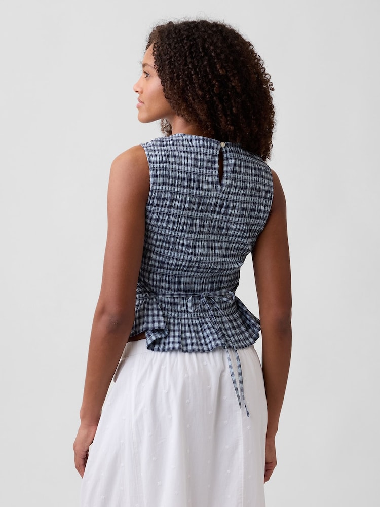Gap Blue Smocked Gingham Crop Peplum Sleeveless Top - Image 2 of 4