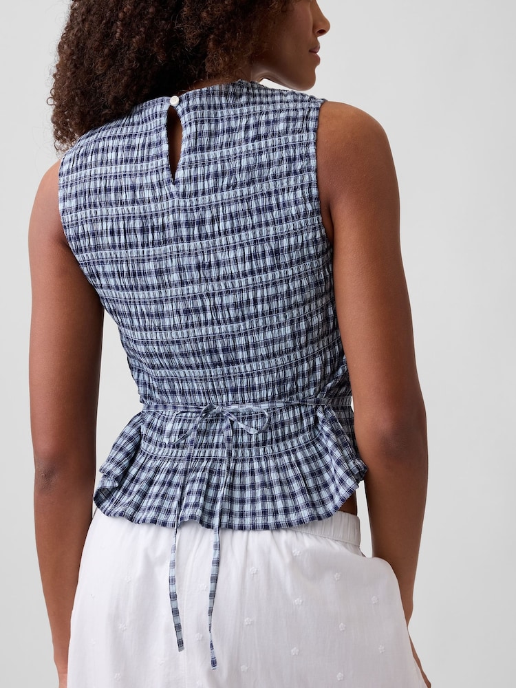 Gap Blue Smocked Gingham Crop Peplum Sleeveless Top - Image 4 of 4