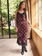 Love & Roses X Binky Burgundy Check Lace Trim Satin V-Neck Camisole - Image 2 of 4