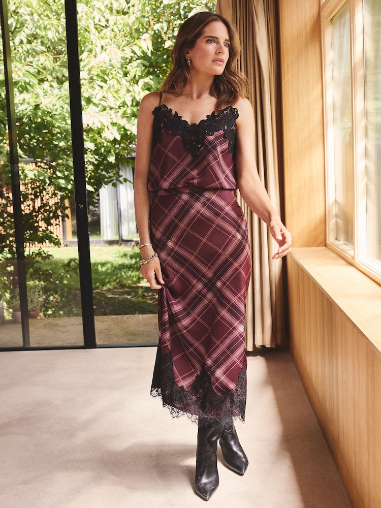 Love & Roses X Binky Burgundy Check Lace Trim Satin V-Neck Camisole - Image 2 of 4