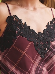 Love & Roses X Binky Burgundy Check Lace Trim Satin V-Neck Camisole - Image 3 of 4