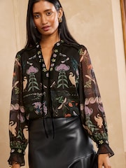 Love & Roses X V&A Black Floral Printed Petite Embellished Notch Neck Blouse - Image 1 of 6