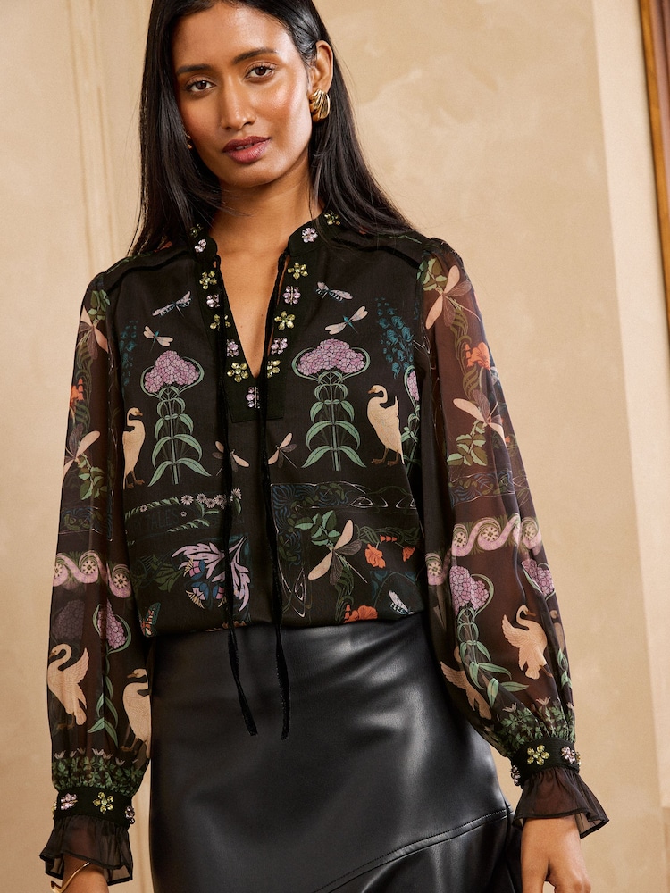 Love & Roses X V&A Black Floral Printed Petite Embellished Notch Neck Blouse - Image 1 of 6 Love & Roses X V&A Black Floral Printed Petite Embellished Notch Neck Blouse - Image 1 of 6