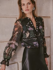 Love & Roses X V&A Black Floral Printed Petite Embellished Notch Neck Blouse - Image 5 of 6