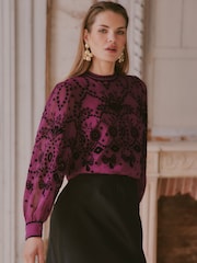 Фуксия қызғылт - Love & Roses Flocked Bow Blouse - 5суретінің 4 суреті