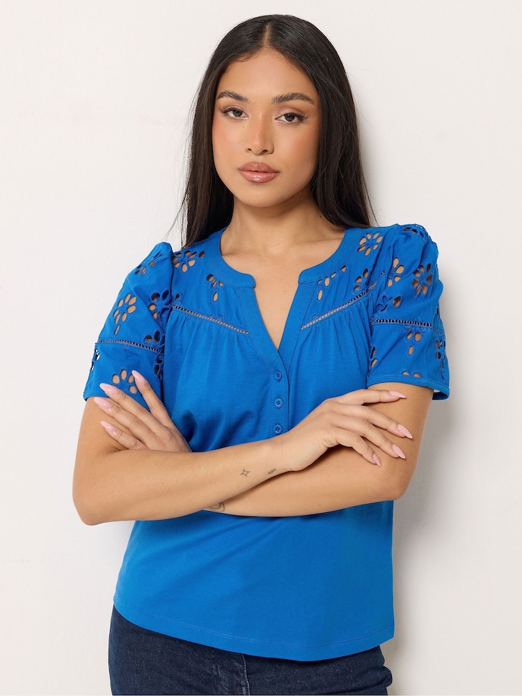 M&Co Blue Petite Embroidered Panel Blouse - Image 1 of 5 M&Co Blue Petite Embroidered Panel Blouse - Image 1 of 5