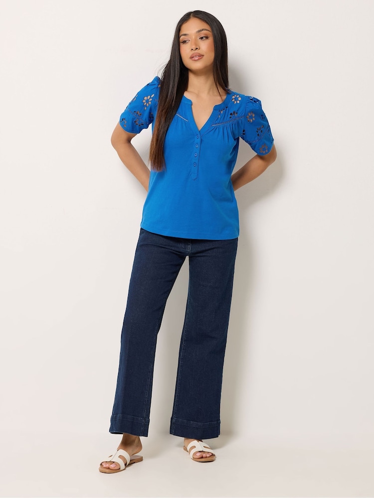 M&Co Blue Petite Embroidered Panel Blouse - Image 2 of 5 M&Co Blue Petite Embroidered Panel Blouse - Image 2 of 5