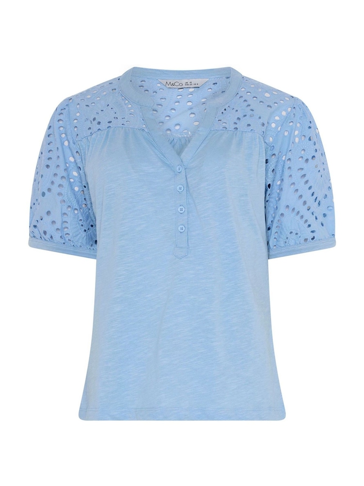 M&Co Blue Broderie Half Placket Blouse - Image 5 of 5