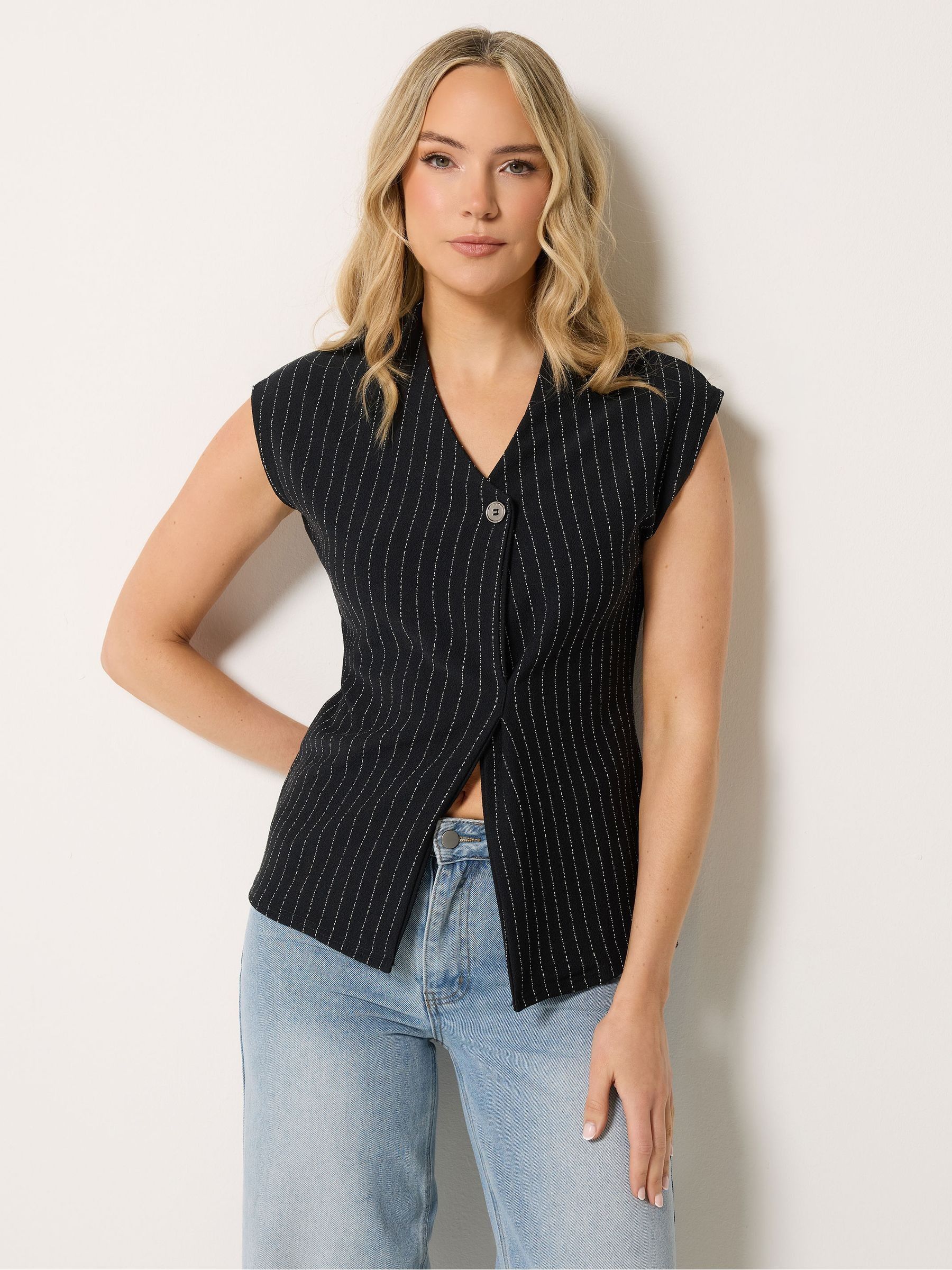 Long Tall Sally Women's Black Pinstripe Button Top