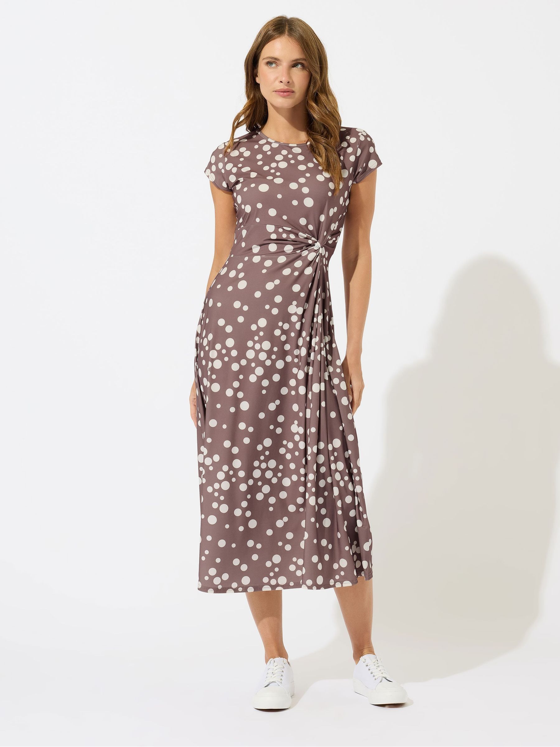 M & Co Women's Brown Polka Dot Side Twist Midi Dress