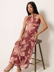 M&Co Orange Petite Mesh Halter Maxi Dress - Image 1 of 5