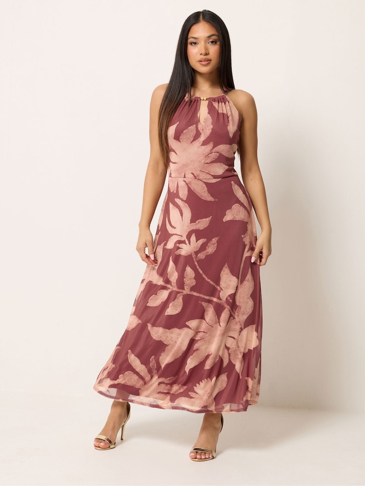 M&Co Orange Petite Mesh Halter Maxi Dress - Image 2 of 5 M&Co Orange Petite Mesh Halter Maxi Dress - Image 2 of 5