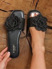 Simmi London Black Ronda Flower Detail Slip-On Flat Sandals - Image 1 of 4
