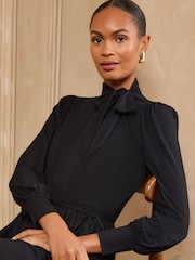 Love & Roses Black Tie Neck Jersey Skater Dress - Image 2 of 5