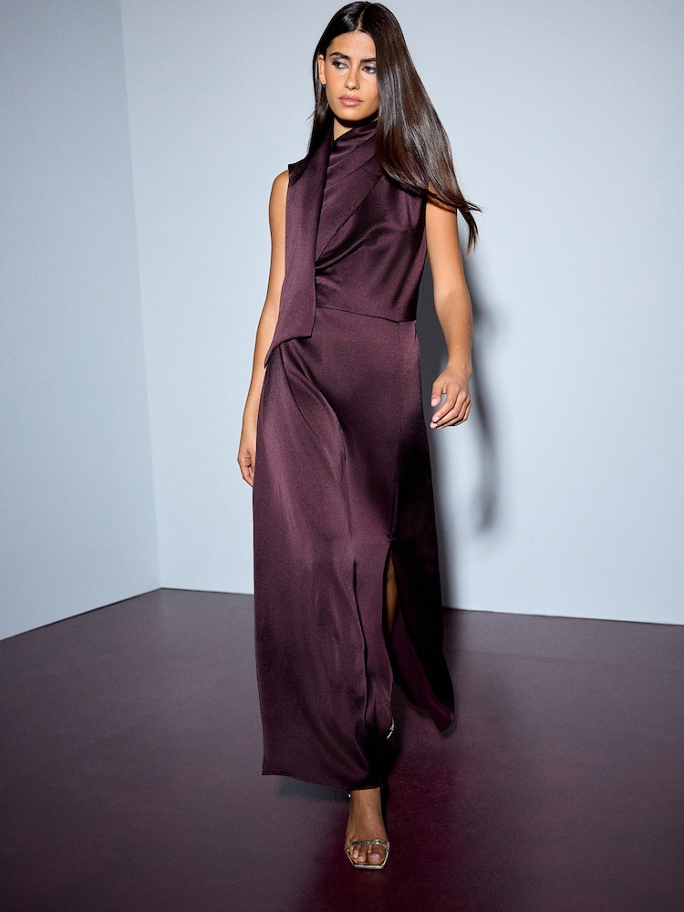 Plum Purple Textured Satin Scarf Midi Dress - Image 1 of 5 Plum Purple Textured Satin Scarf Midi Dress - Image 1 of 5