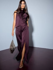 Plum Purple Textured Satin Scarf Midi Dress - Image 2 of 5
