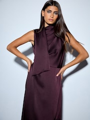 Plum Purple Textured Satin Scarf Midi Dress - Image 3 of 5