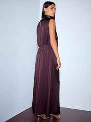 Plum Purple Textured Satin Scarf Midi Dress - Image 4 of 5