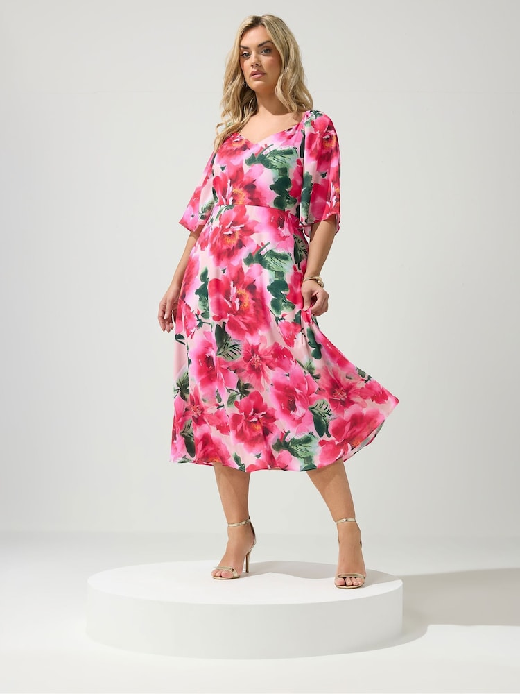 Yours Curve Natural London Floral V-Neck Dress - Image 1 of 5 Yours Curve Natural London Floral V-Neck Dress - Image 1 of 5