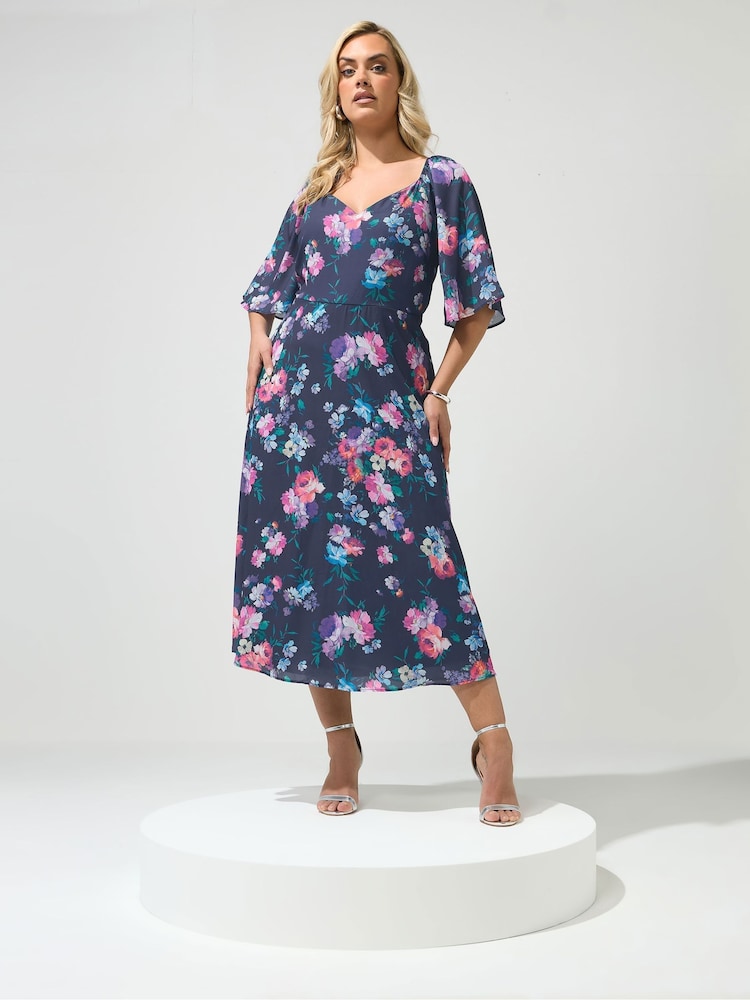 Yours Curve Blue London Floral V-Neck Dress - Image 1 of 5 Yours Curve Blue London Floral V-Neck Dress - Image 1 of 5