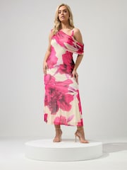 Yours Curve White London Floral Mesh Drape Shoulder Dress - Image 1 of 5
