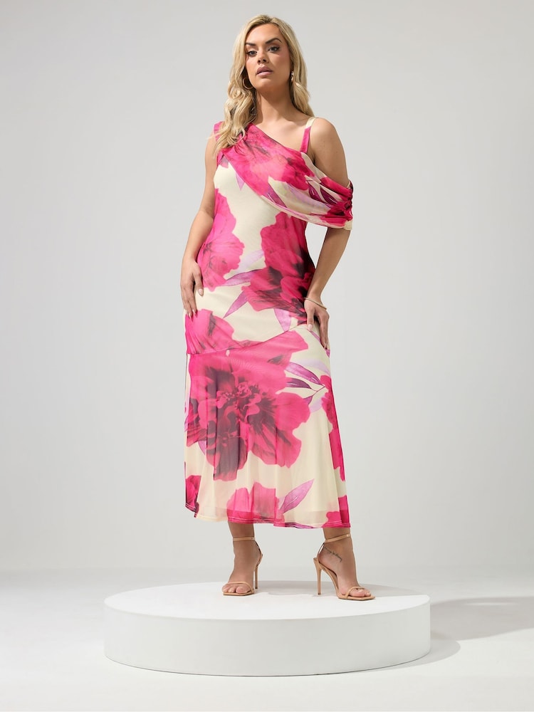 Yours Curve White London Floral Mesh Drape Shoulder Dress - Image 1 of 5