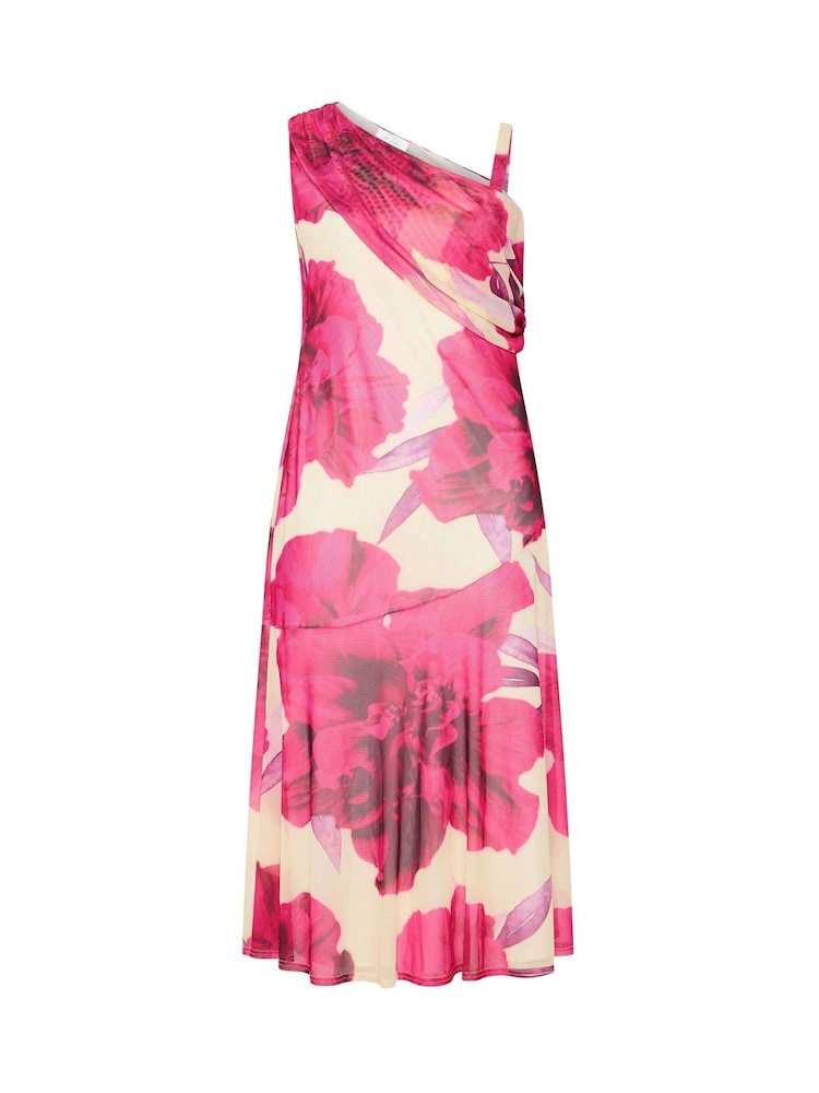 Yours Curve White London Floral Mesh Drape Shoulder Dress - Image 5 of 5