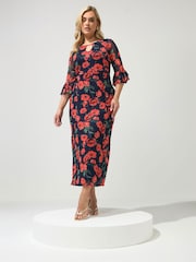 Yours Curve Blue London Floral Mesh Keyhole Dress - Image 1 of 5