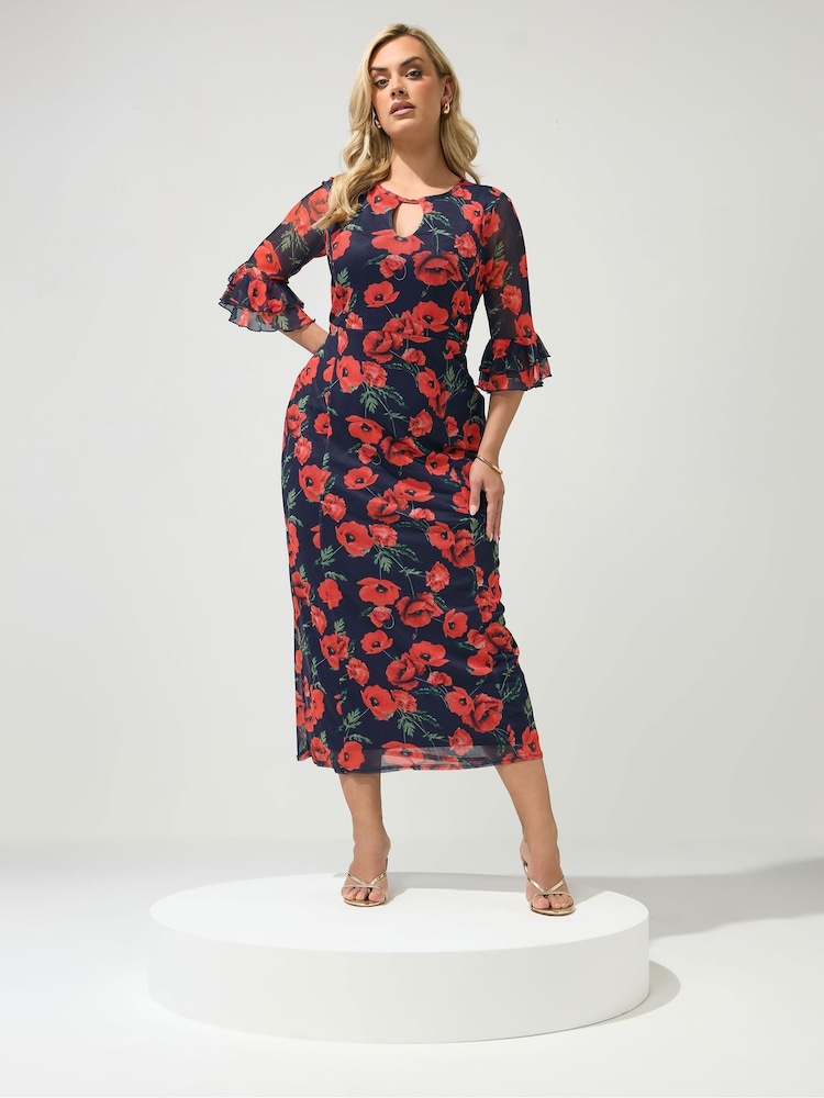 Yours Curve Blue London Floral Mesh Keyhole Dress - Image 2 of 5 Yours Curve Blue London Floral Mesh Keyhole Dress - Image 2 of 5