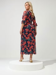 Yours Curve Blue London Floral Mesh Keyhole Dress - Image 3 of 5