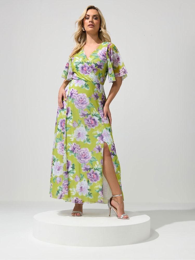 Yours Curve Green London Angel Sleeve Mesh Maxi Dress - Image 1 of 5