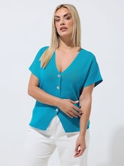 Yours Curve Blue Limited Double Button Knitted Top - Image 1 of 5