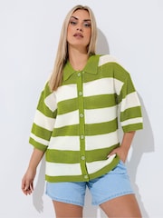 Yours Curve Green Limited Stripe Boxy Knitted Shirt - Image 1 of 5