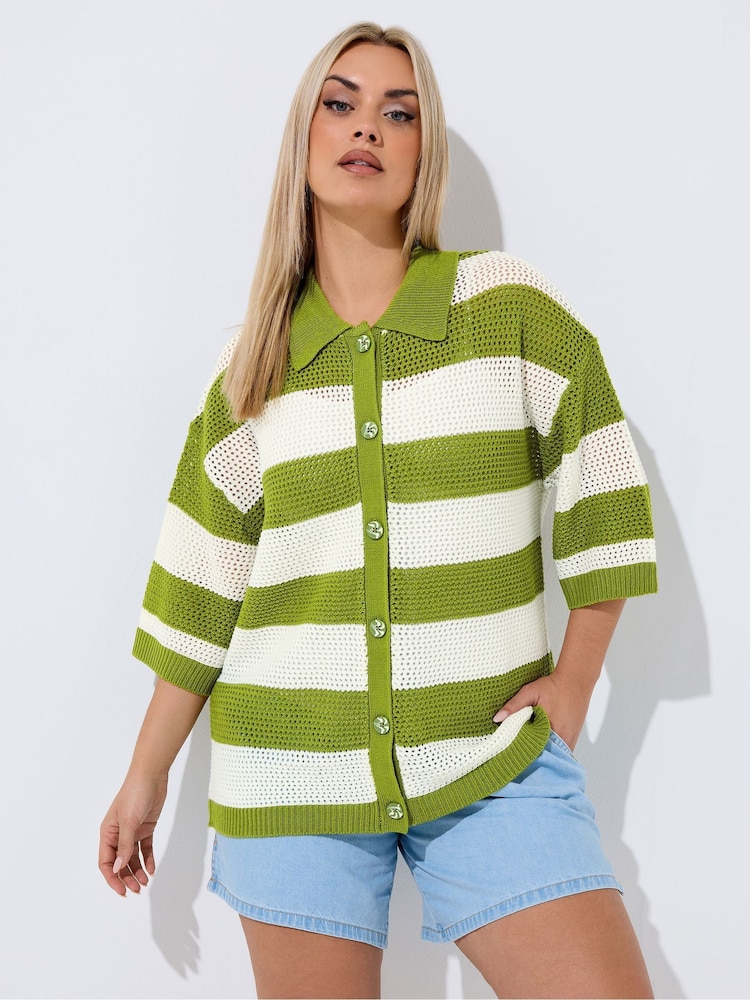 Yours Curve Green Limited Stripe Boxy Knitted Shirt - Image 1 of 5 Yours Curve Green Limited Stripe Boxy Knitted Shirt - Image 1 of 5