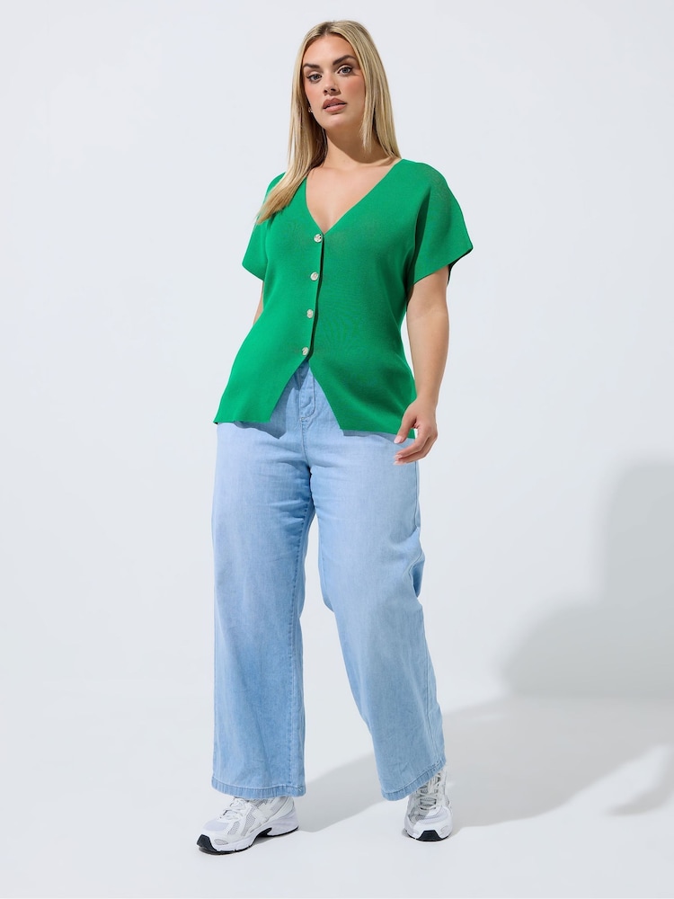 Yours Curve Green Limited Double Button Knitted Top - Image 2 of 5