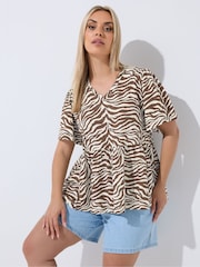 Yours Curve Brown Limited Zebra V-Neck Peplum Top - Image 1 of 5