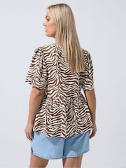 Yours Curve Brown Limited Zebra V-Neck Peplum Top - Image 2 of 5