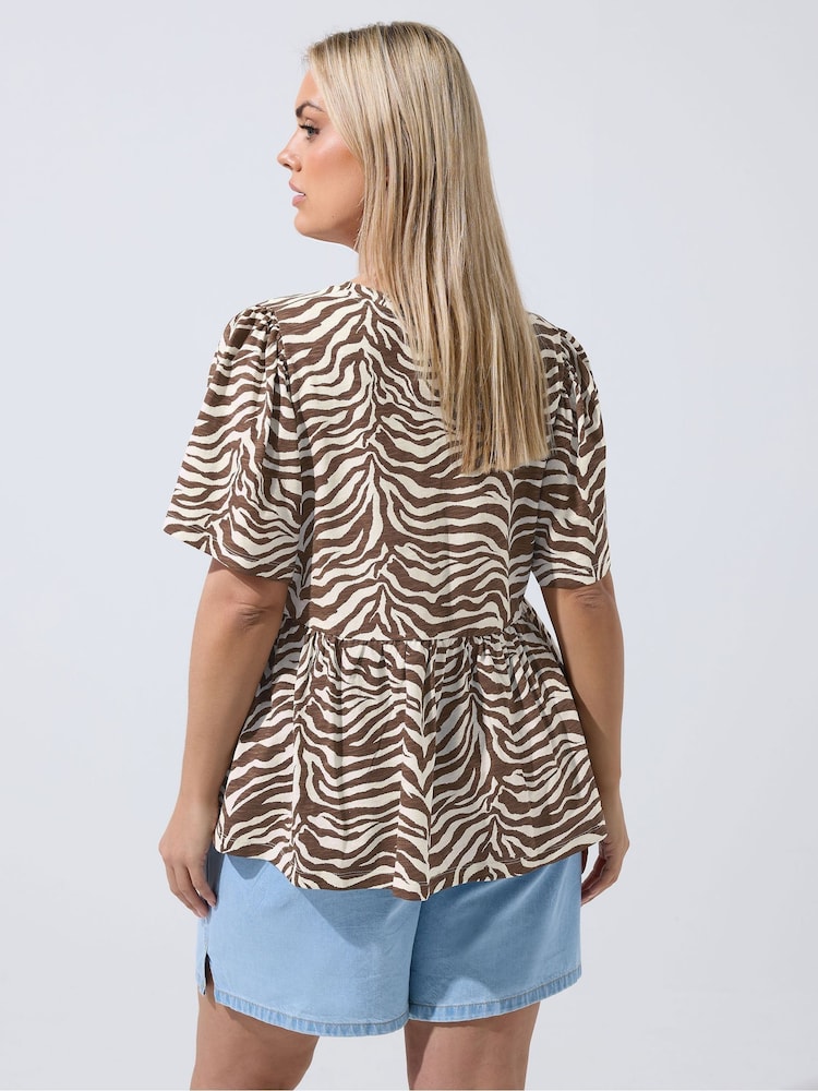 Yours Curve Brown Limited Zebra V-Neck Peplum Top - Image 2 of 5