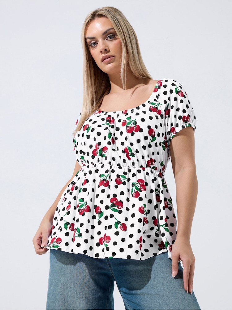 Yours Curve Limited Polka Dot Cherry Bardot Blouse - Bild 1 von 5