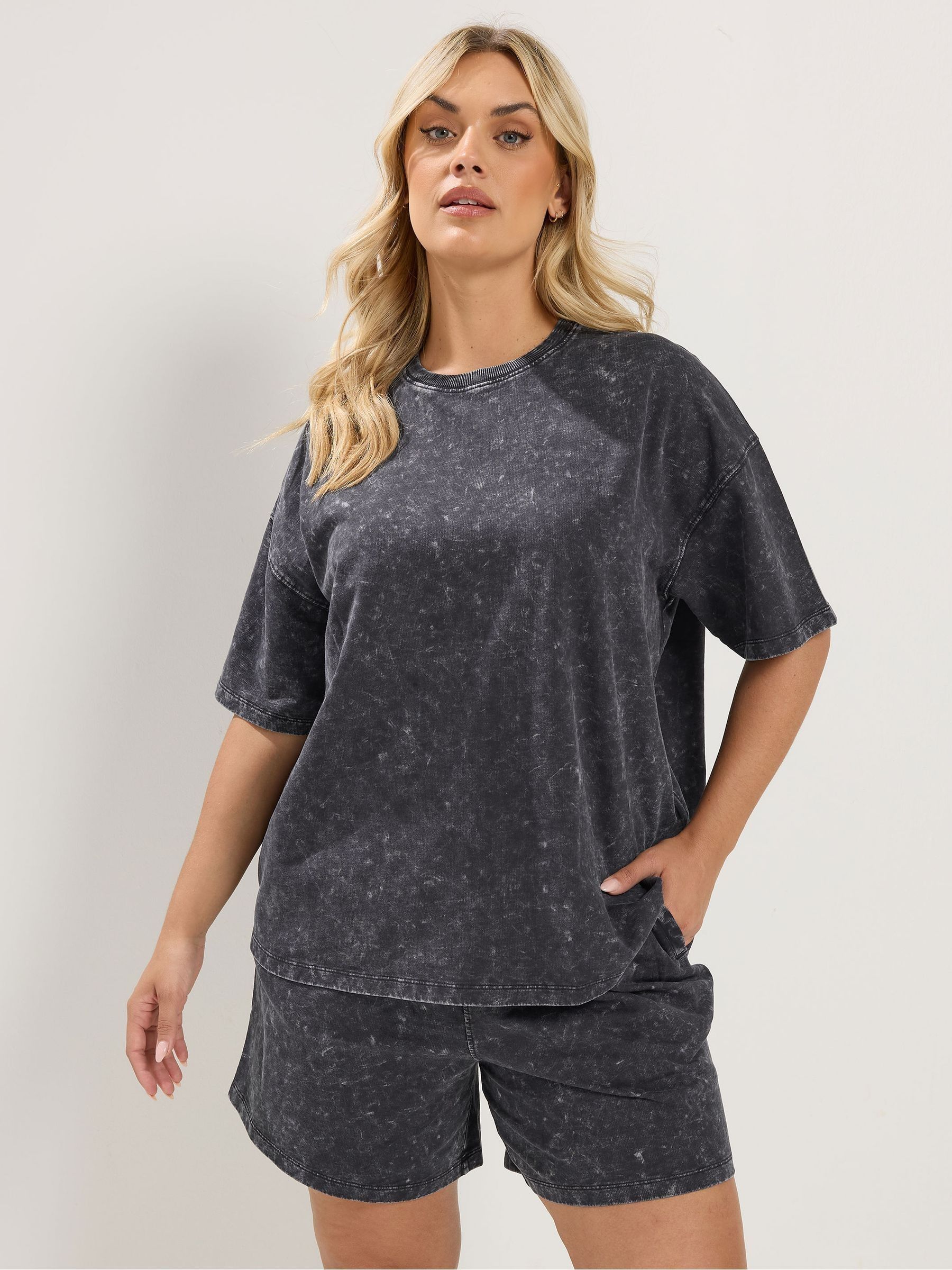 Yours Curve Women's Grey Acid Wash Sweat Top & Short Set