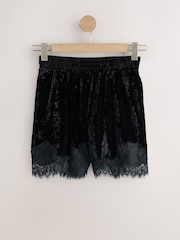 Black Velvet Shorts With Lace Trim - Image 1 of 3