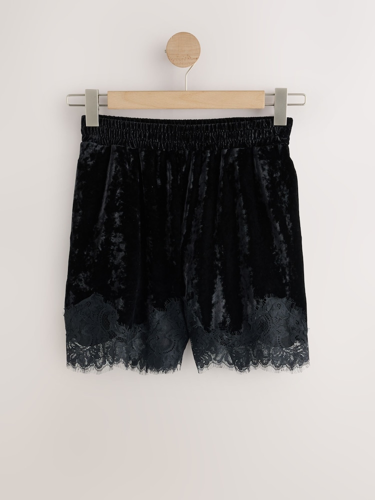 Black Velvet Shorts With Lace Trim - Image 1 of 3 Black Velvet Shorts With Lace Trim - Image 1 of 3