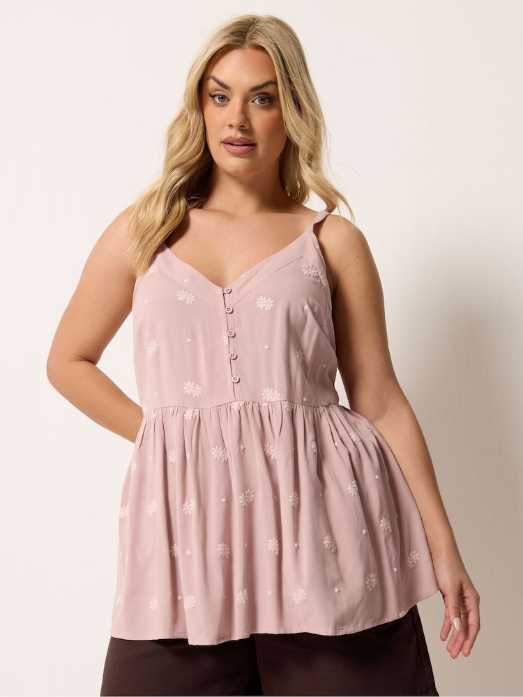 Yours Curve Pink Embroidered Button Cami - Image 1 of 4