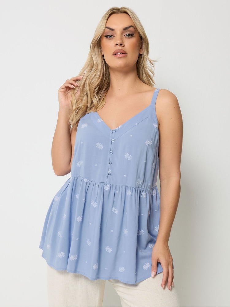 Yours Curve Blue Embroidered Button Cami - Image 1 of 5