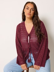 Yours Curve Red Pointelle Stitch Tie Cardigan - Image 1 of 5