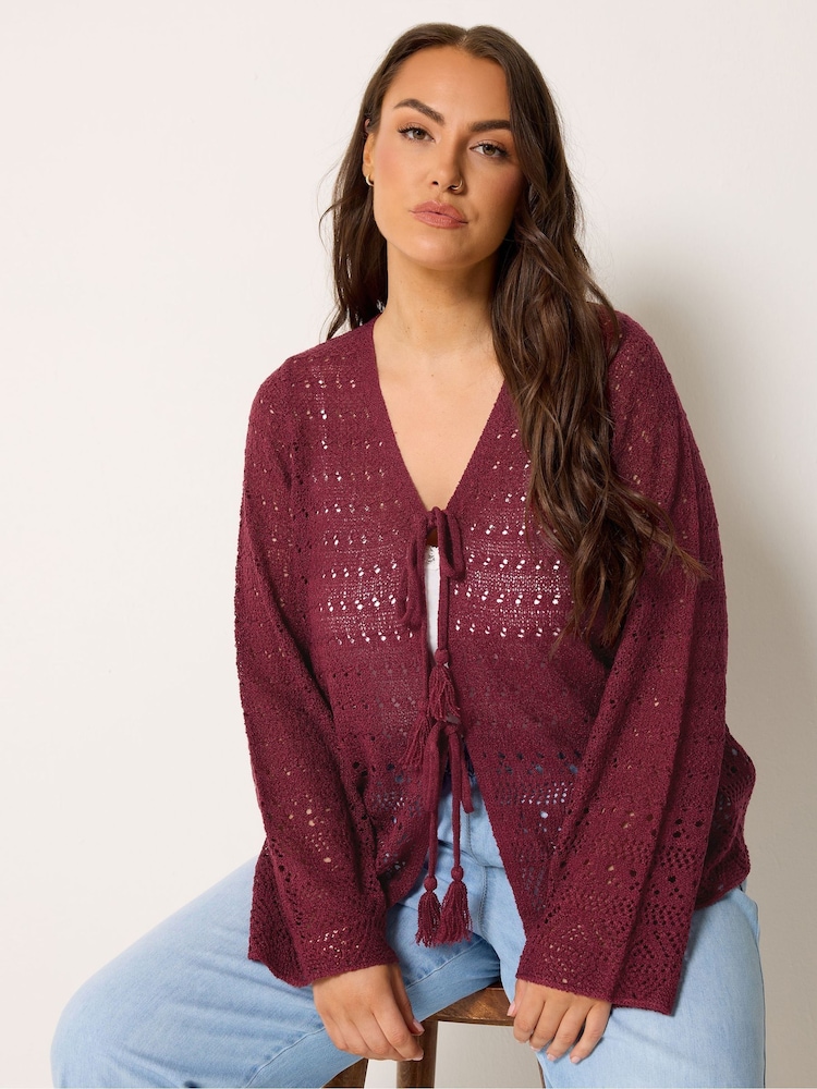 Yours Curve Red Pointelle Stitch Tie Cardigan - Image 1 of 5
