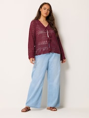 Yours Curve Red Pointelle Stitch Tie Cardigan - Image 2 of 5