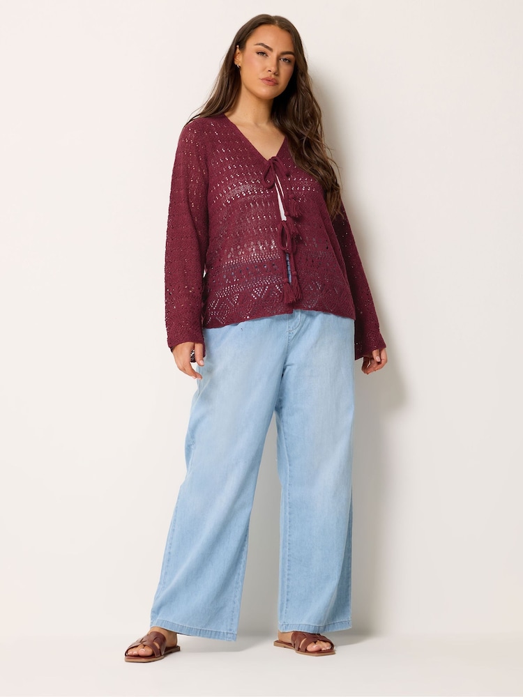 Yours Curve Red Pointelle Stitch Tie Cardigan - Image 2 of 5