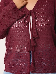 Yours Curve Red Pointelle Stitch Tie Cardigan - Image 4 of 5