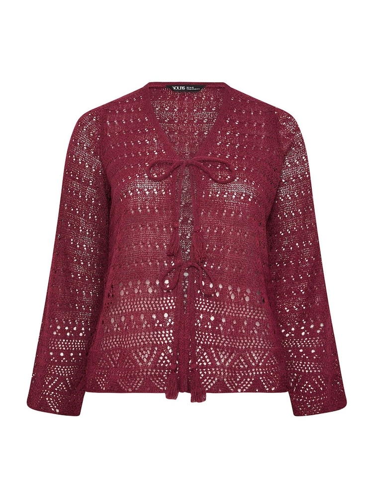 Yours Curve Red Pointelle Stitch Tie Cardigan - Image 5 of 5